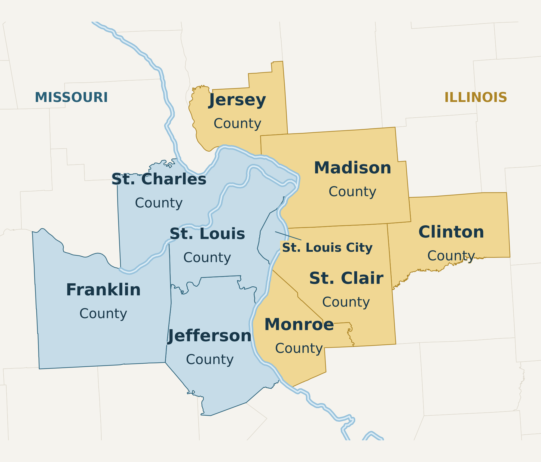 Regional map: Missouri counties in blue and Illinois counties in gold, separated by the Mississippi River.